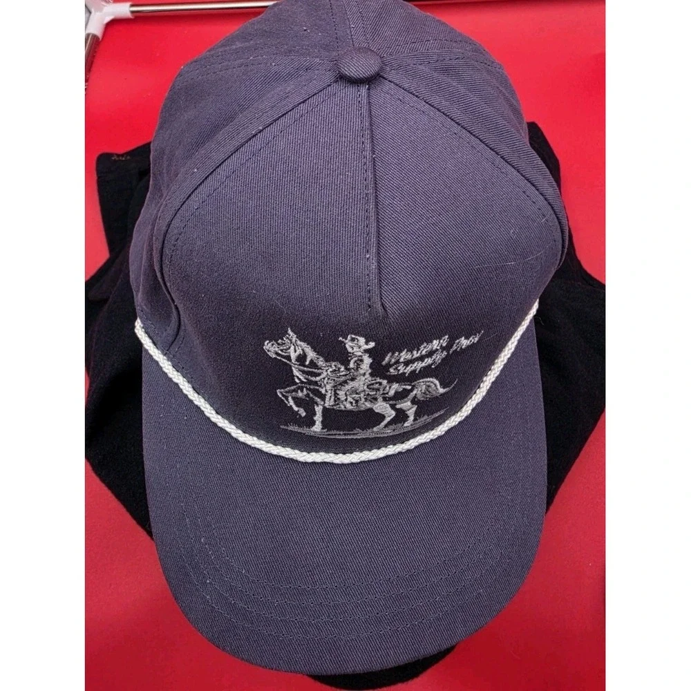 Snapback Hat Western Supply Prov. Cowboy On Horse White Rope On Blue Hat Capture